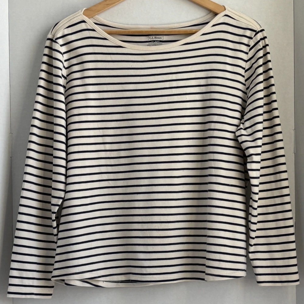 L.L. Bean Top, Women's XL,  100% Supima Cotton, White/Blue Striped, Long Sleeve